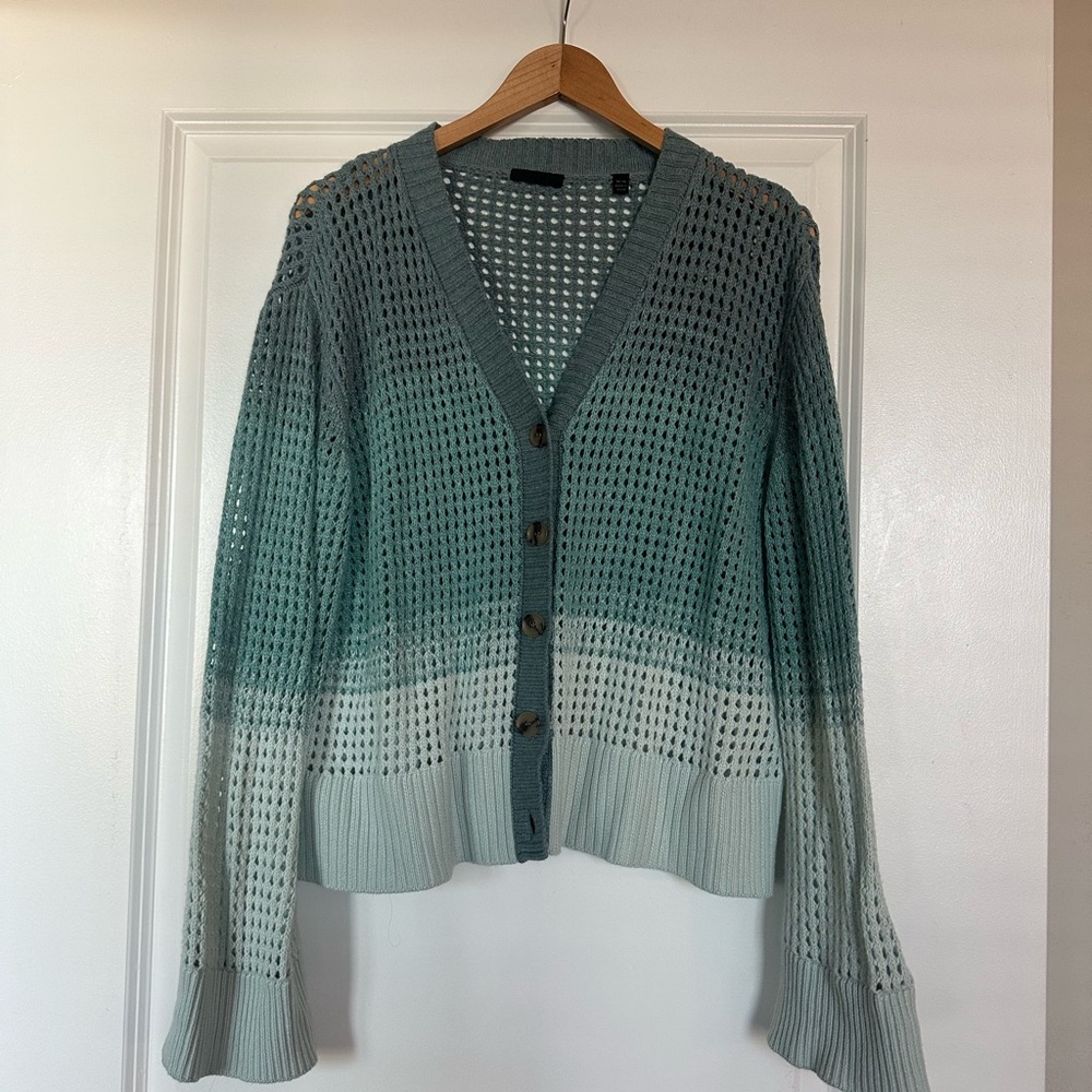 ATM Anthony Thomas Melillo Teal and White Open-Knit Cardigan